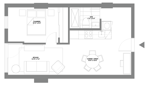 a floor plan of a house with a bedroom and a living room and a kitchen